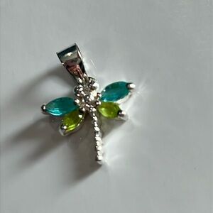 Vintage Silver with Green and Blue Dragonfly Pendant. Stamped 925.